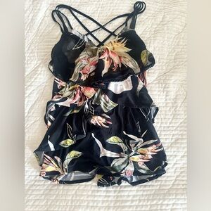 BCBG tank blouse with ruffles and cross pattern on the back